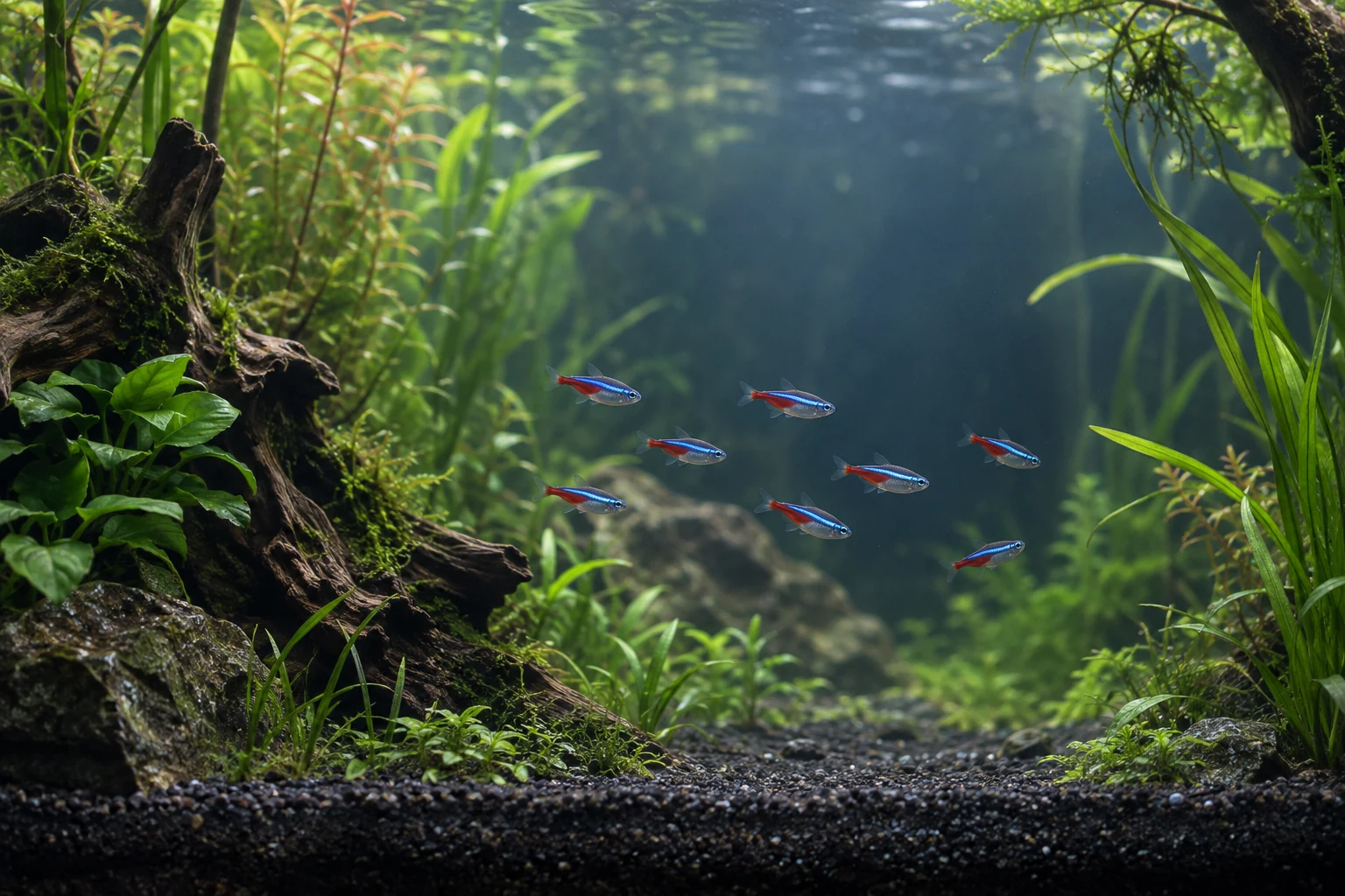 種有水草的淡水缸與小型燈魚 AI 情境示意