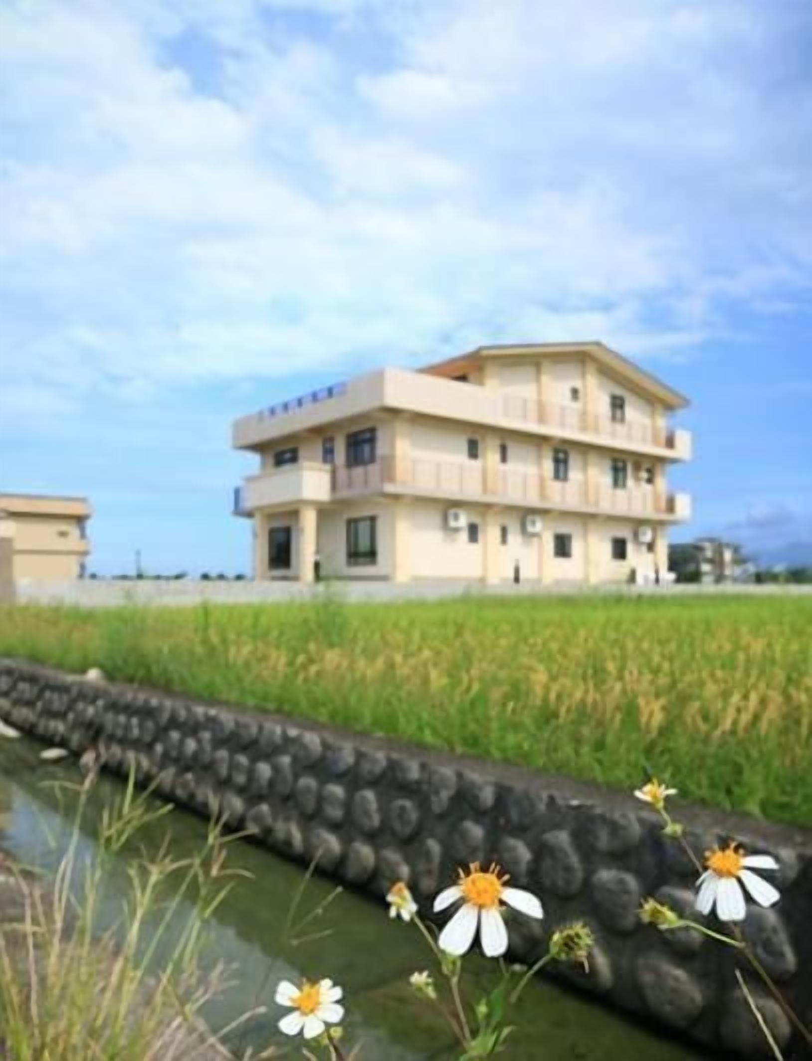 田園河畔：綠色稻田與水道前方可見淺色三層建築。